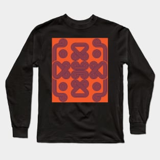 Geometric symmetric art blue line on orange background Long Sleeve T-Shirt